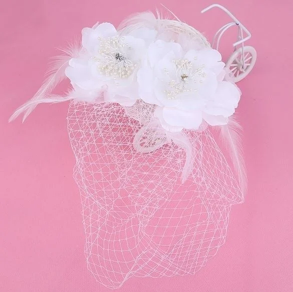 Hot Sale Bird Cage Veil Wedding Veil Birdcage Netting Face Short Feather Flower White Fascinator Bride Hats with