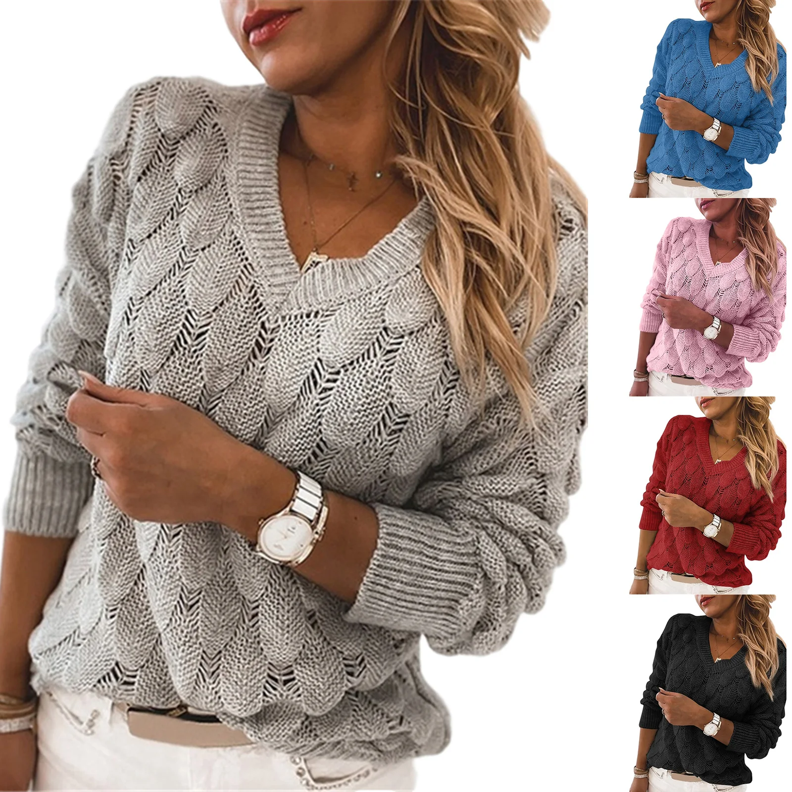 Suéter informal de punto liso con cuello de pico para mujer, Jersey holgado de manga larga a la moda para otoño e invierno, novedad de 2020