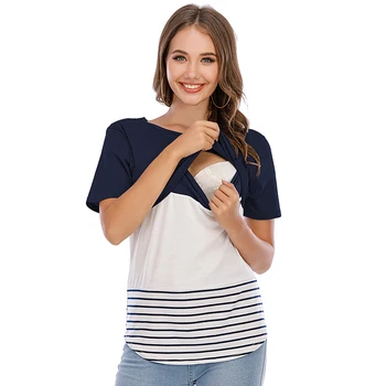 

6122# Summer Casual Patchwork Maternity Nursing T-shirt Lacation Mother Breastfeeding Tops European Style Pregnancy Feeding Tees