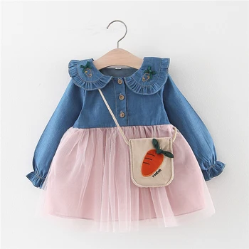 

2019 Autumn Baby Girl Dress 0-3T Toddler Cute Bow Decoration Solid Color Dress Korean Style Long-sleeved Girls Denim Dress