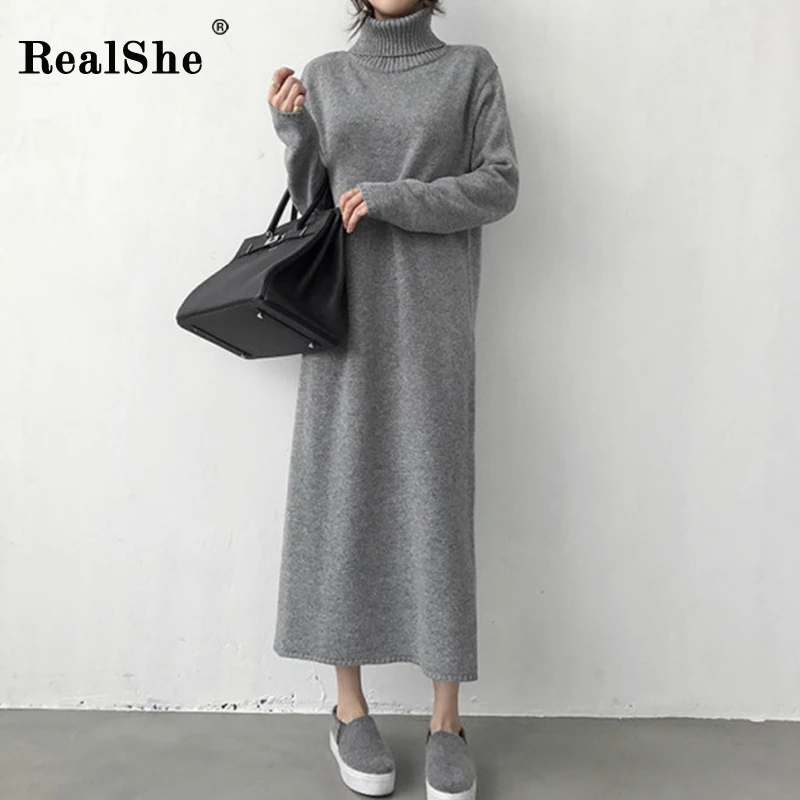 

RealShe Sweater Women Turtleneck Full Sleeve Knitted Split Fall Sweaters Dress Autumn Winter Long Sweater Pullover Women Wool