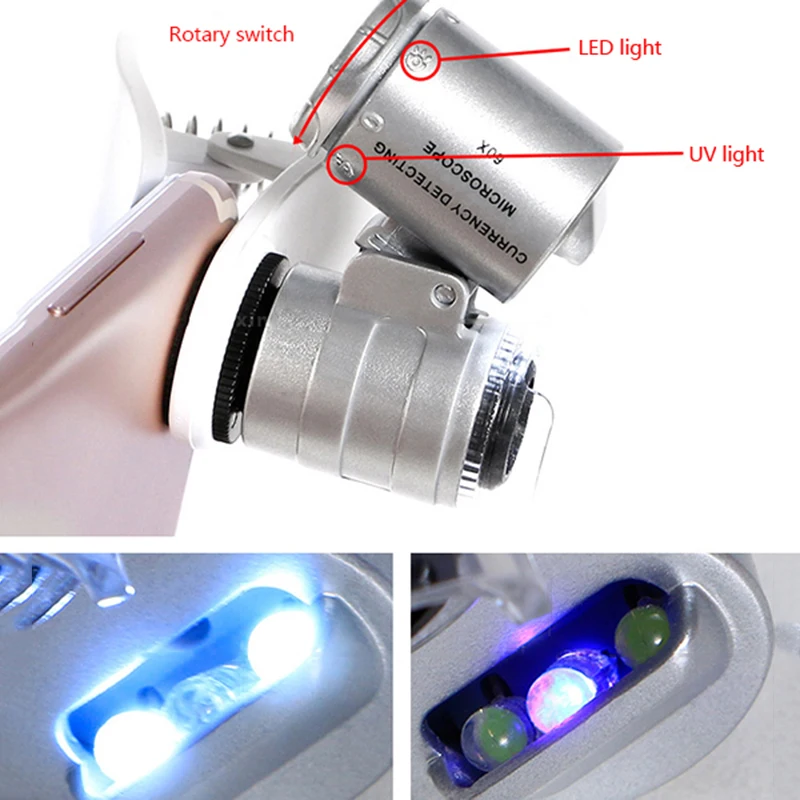 60X LED Smart Phone Microscope Currency Detecting Microscope Universal Clip Mobile Magnifier LED UV Light f/ Gem Identification