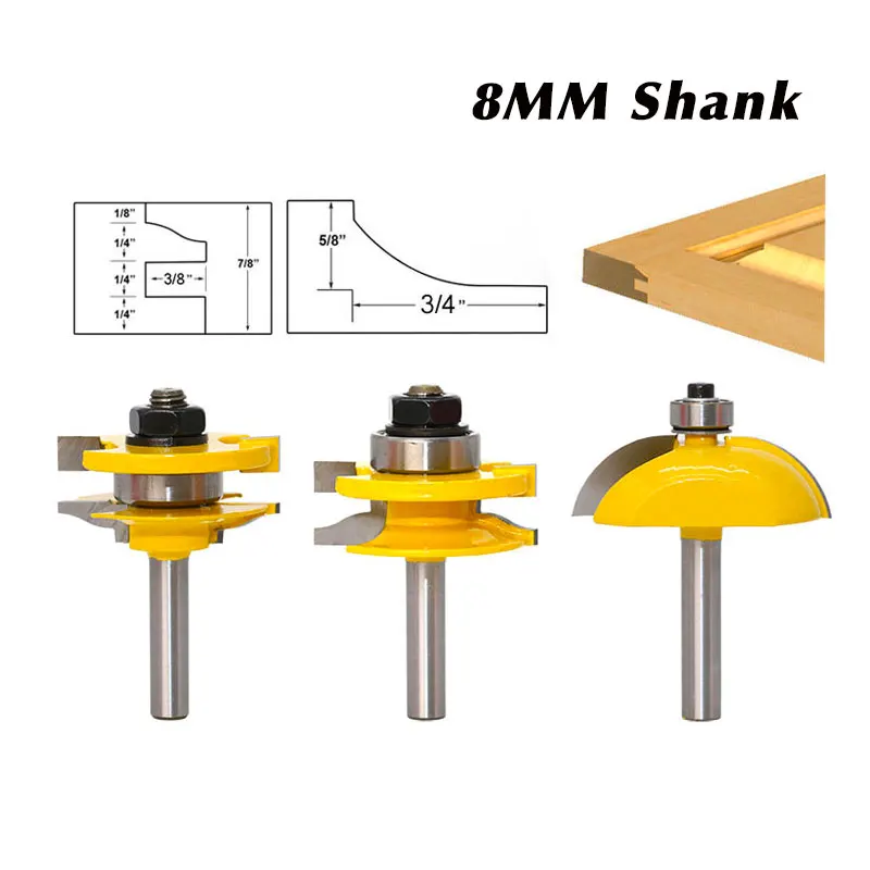 Набор фрез для деревообработки дверной панели 3 шт. хвостовик 8 мм|cabinet router bit set|router