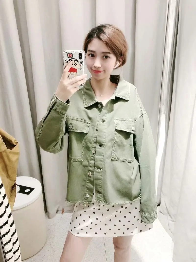 

2019 New Style Versatile Fold-down Collar Long Sleeve Pocket-Accent Jacket Women's