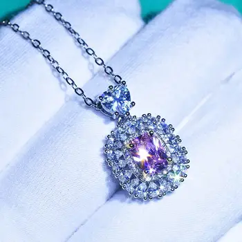 

Luxury princess pink crystal zircon diamonds gemstones pendant necklaces for women white gold silver color party jewelry bijoux