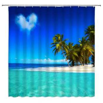 

Ocean Decor Shower Curtain Tropica Ocean Beach Palm Tree Blue Sky Sea View Fabric Bathroom Decor Curtain with Hooks,70 X 70 Inch