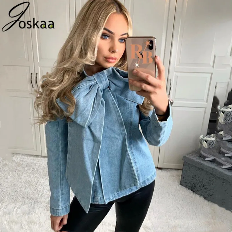 

Joskaa Denim Women Bow Jacket Long Sleeve Vintage Ruched Patchwork Rivet Spring 2020 Female Coat Casual Fashion Clothing