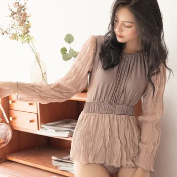 

Beach Swimwear Womens One Piece Retro Swimsuit Ladies Closed Swimsuits Women Onepiece Long Sleeve With Skirt 2019 Red Ins Solid