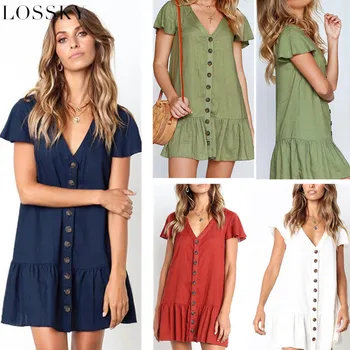 

Summer Casual Loose Sexy Mini Dress Short Sleeve V Neck Button Ruffles Cotton White Army Green Solid Party Dress Female Vestidos