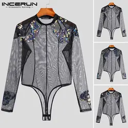 New Men's Breathable Mesh Onesies Male Long Sleeve Jumpsuits INCERUN See-Through Sequins Rompers Sexy Bib Pants S-5XL Tops 2021