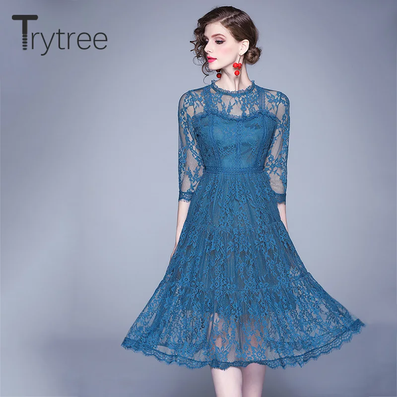 Trytree/осеннее женское повседневное кружевное лоскутное платье с круглым вырезом, рукавом три четверти, модное элегантное платье до середины икры, а-силуэт, офисное женское синее платье
