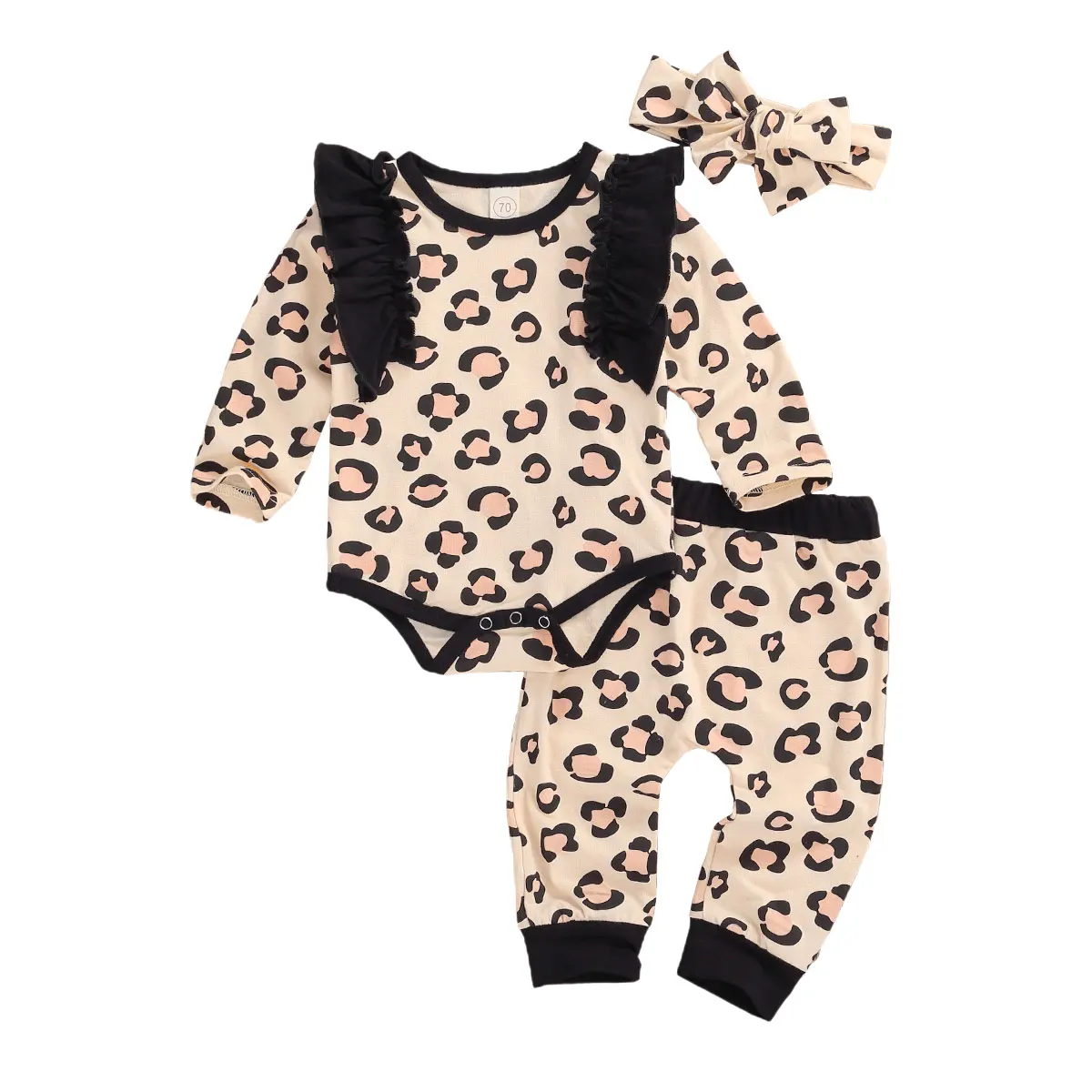 

3 Pcs Retro Leopard Girls 's Suit Round Neck Long Sleeve Ruffled Romper Loose Trousers, Bow Headband, 0-24 Months