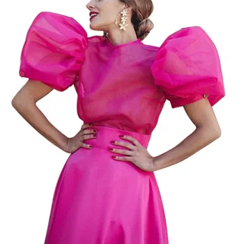 

Elegant Women Blouse Pure Color Summer Perspective Mesh Lace Tulle Short Puff Sleeve Shirt Ladies Button Loose Casual Blouse Top