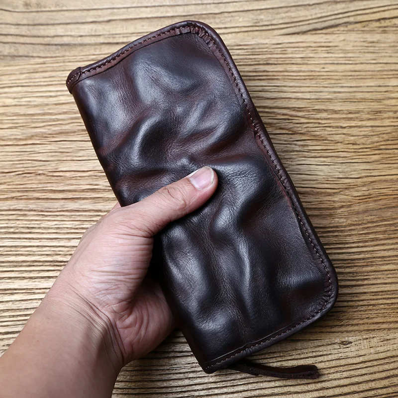 Vintage handgemachte Herren Leder Clutch Bag pflanzlich gegerbtes Leder lange Geldbörse Oberschicht Rindsleder Reißverschluss Geldbörse Kartenhalter NZPJ – Detail 3