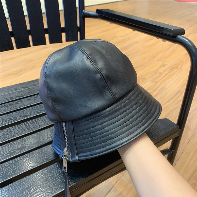 01908-ting005 autumn black soft pu fashion Zipper decoration lady leisure bucket cap women fishermen hat