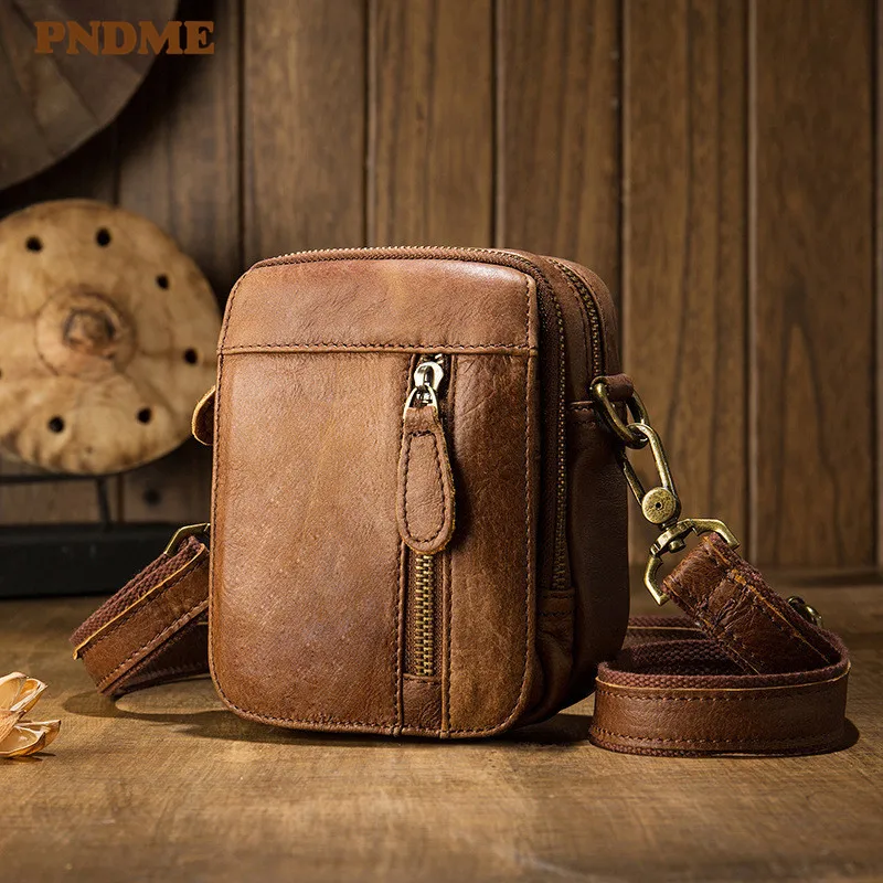 

PNDME retro high quality genuine leather men's shoulder bag cross casual daily cowhide small messenger bags phone bag belt bag