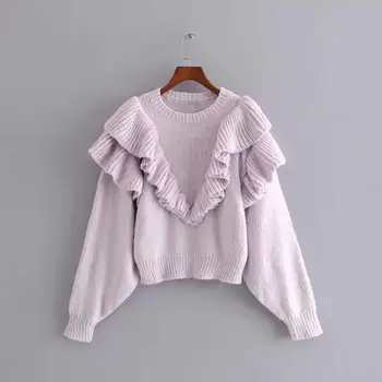 

Women Purple Oversize Knitted Sweaters Sweet Ruffles Long Sleeve Pullovers Winter Thick Jumper Casual Tops