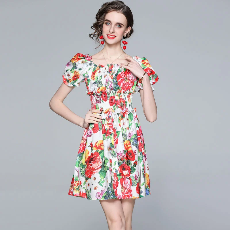 

Diamonds Flower Buttons Runway Summer Dress For Women Elastic Waist Puff Short Sleeve Vacation Ruffles Mini Short Dresses Woman