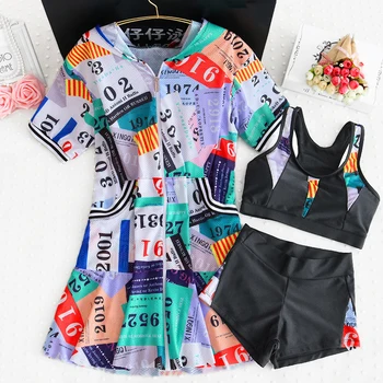 

2020 Women Printed Sports Three-piece Bikini Set Bathing Suit Swimwear with Cover Up Female Swimsuit Biquini Swim Holiday Wear