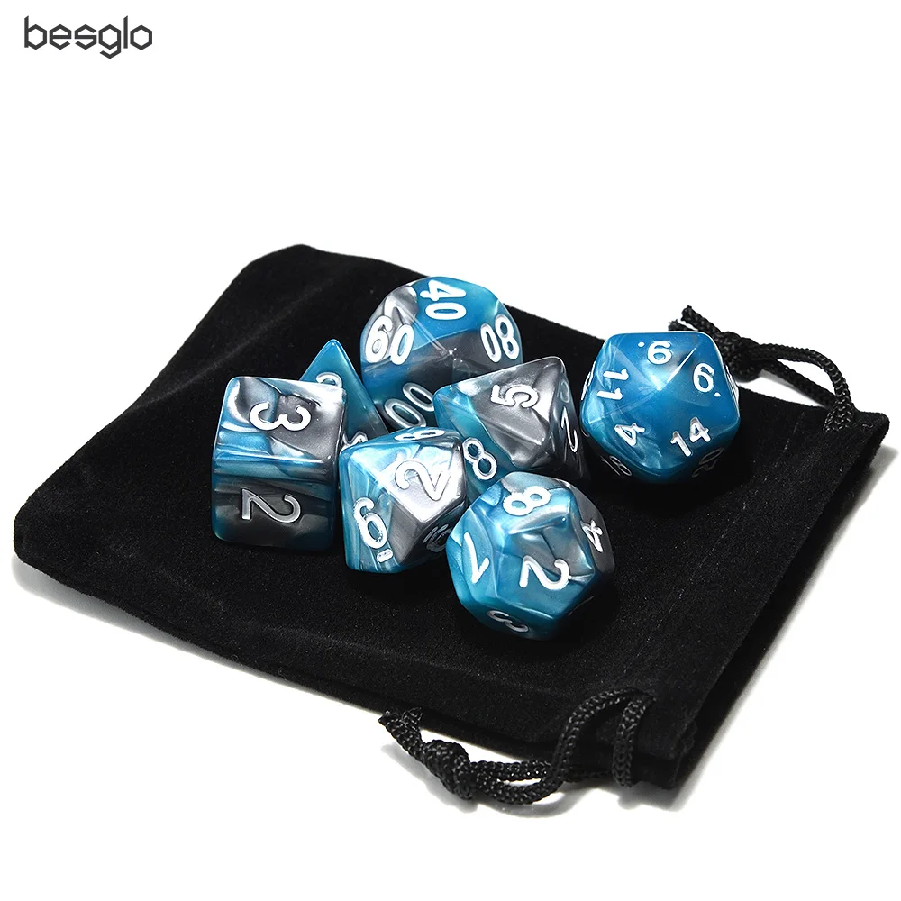 Mixed Color Dice Set for RPG Games with Black Velvet Pouch D4 D6 D8 D10 D% D12 D20