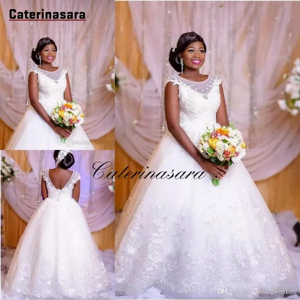 

White Lace Long Wedding Dress Scoop Neck Capped Sleeves Bridal Gown Tulle Lace-up Open Back Floor Length