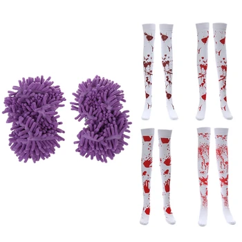 

2Pcs Purple Mop Shoe Cover with 4 Pair Halloween White Zombie Bloody Nurses Socks