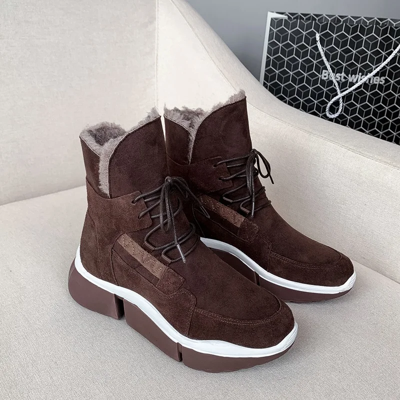 ZVQ, новые модные зимние сапоги; теплые женские замшевые сапоги на платформе и среднем каблуке с круглым носком и перекрестной шнуровкой; Прямая поставка - Цвет: brown