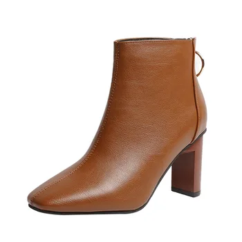 

2019 New Women's High Heels boots Pu Shoes woman Square head Rear zipper Solid color fashion Women's Winter boots Size 35-39