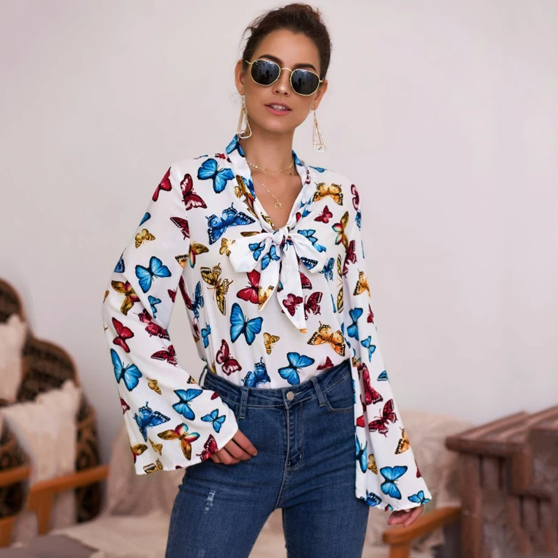  Lossky Autumn Shirts Top Long Sleeve Printed Office Wear Women Clothing New White Slim Bow Blouse E