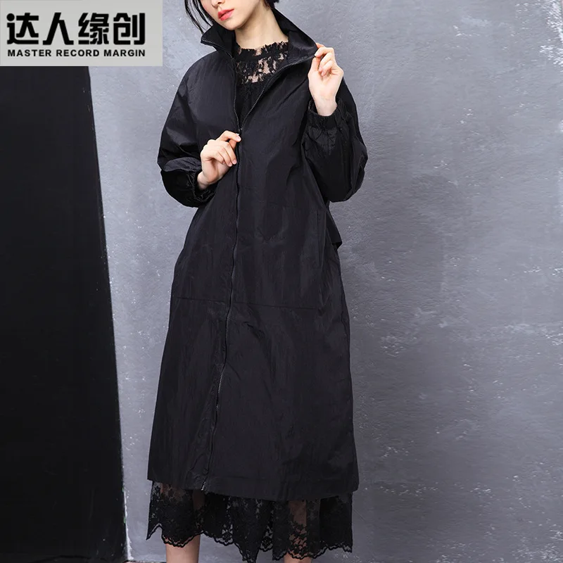 

20191 Autumn New Style Simple Elegant Solid Color Classic Stand Collar Zipper Glorious Belt Loose-Fit Trench Coat Large Size