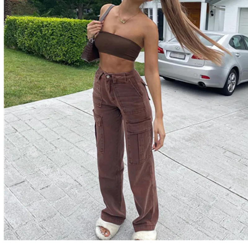 2021 Brown Vintage Baggy Jeans Women 90s Streetwear Pockets Wide Leg Cargo Pants Y2K High Waist Straight Denim Trousers | Женская одежда