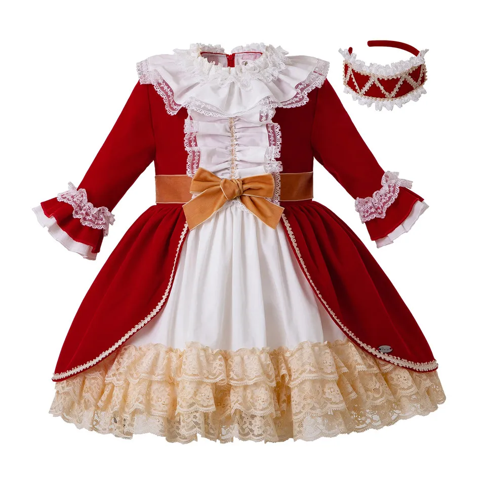 Pettigirl Christmas Red Girls Dresses with Headwear Autumn &amp Winter Princess Lace Dress Bow for Girl Children Clothing | Детская