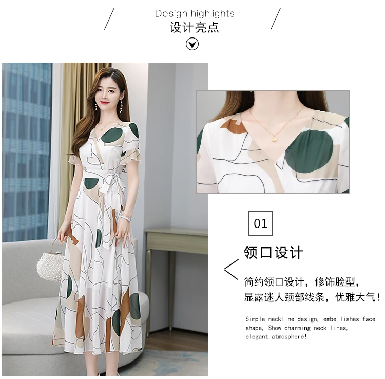 Women Summer 2021 White Chiffon Dress Casual Robe Vestito Floreale Midi Tunics Boheme Short Sleeve V-Neck Plus Size Dresses