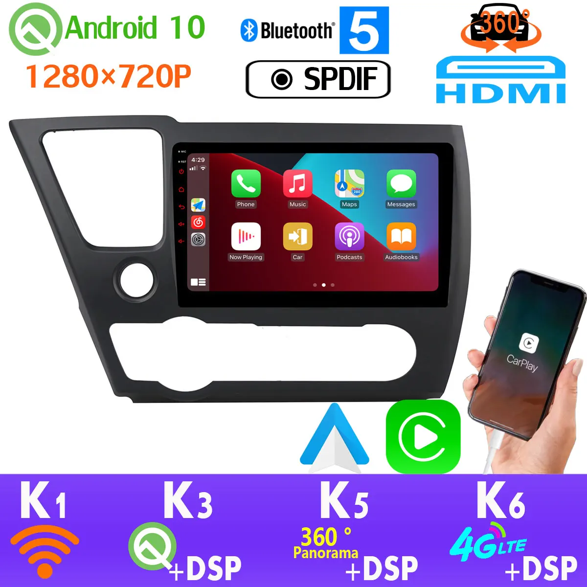 PX6 Android 10 1280*720 автомобильный проигрыватель с радио и GPS для Honda Civic EX L Sedan Coupe 360 4 * AHD
