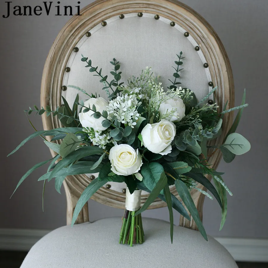 JaneVini 2020 Boho Bride Fleur Bouquet Ivory Rose Artificielle Artificial Peonies Wedding Flowers Bridal Bouquets White Green