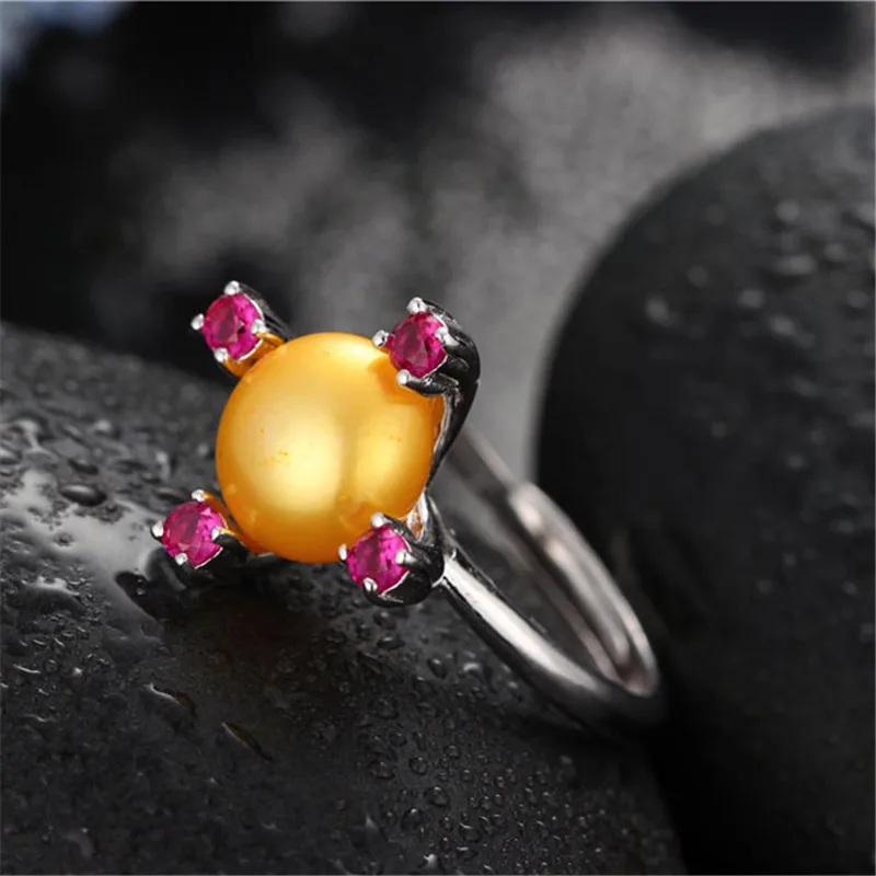 Dainashi Elegant Beautiful Design Freshwater Pearl Ring Party Gift for Women 925 Sterling Silver Red Zircon Adjustable Ring - Цвет камня: Золотой