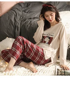 Image 3 - Women Home wear Long Sleeve spring checked Pajamas Sets  wine red plaid Cotton Sleepwear girls indoor clothing female housewear