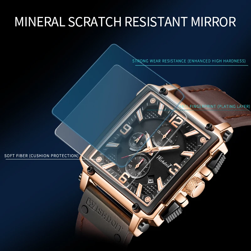 2021 New Fashion Waterproof Men's Watch Top Brand Luxury Leather Square Large Dial Sports Quartz Chronograph Relogio Masculi