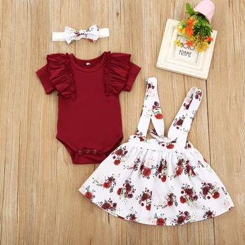 

Baby Girls Summer Casual Solid Sleeveless Rompers Jumpsuit Floral Button Strap Suspender Tutu Skirts Kids Birthday Outfits Red