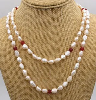 

NEW long 48" 7-8mm baroque white freshwater pearl %red ruby necklace AAA