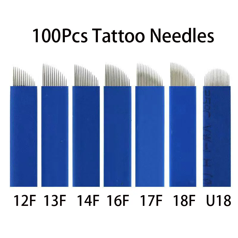 

100pcs Microblading 0.18mm Blue Tebori Tattoo Needles Permanent Makeup 7 9 12 14 16 17 18 21 CF/U Shape Manual Eyebrow Blades