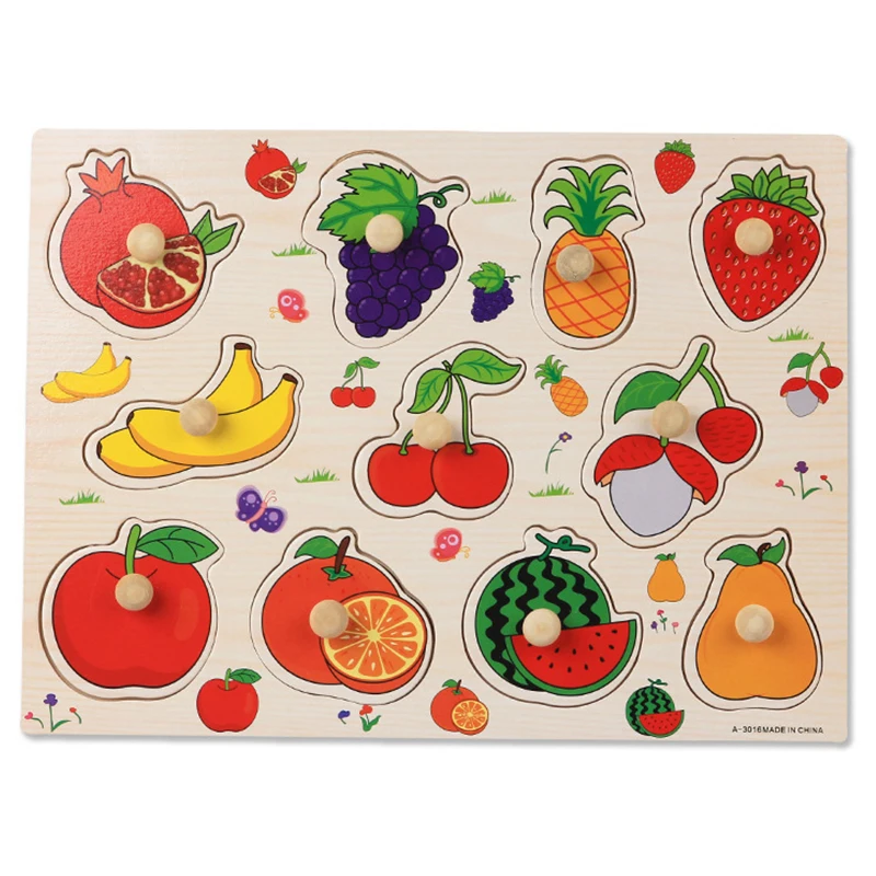 Montessori Wooden Educational Hand Grab Puzzle Boards with Cartoon Animals & Fruits 3D Design