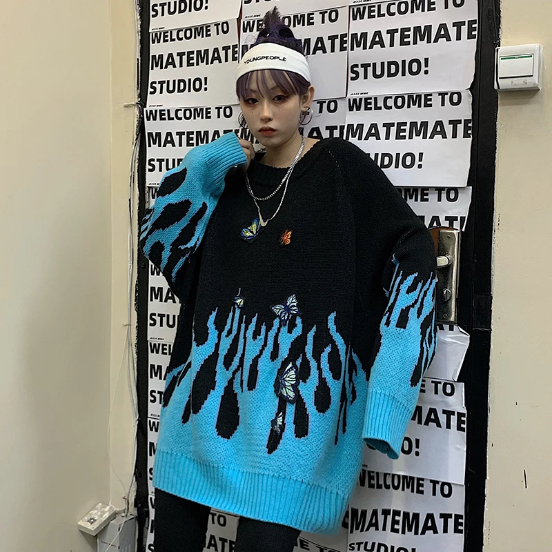Woherb осень зима для женщин мужчин Harajuku пламя Вязание пуловер свитер бабочка аппликация патч негабаритных джемпер верхняя одежда