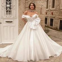 Vestido de noche Formal de satén con hombros descubiertos para mujer, blanco puro, elegante, con lazo, para baile de graduación, hecho a medida, novedad de 2022