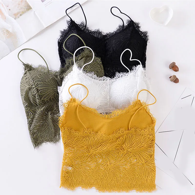 2021 Female Summer Crop Tank Top Women Fashion Deep V Lace Bras Embroidery Floral Tank Top Bra Wrapped Chest Camisole Padded Bra