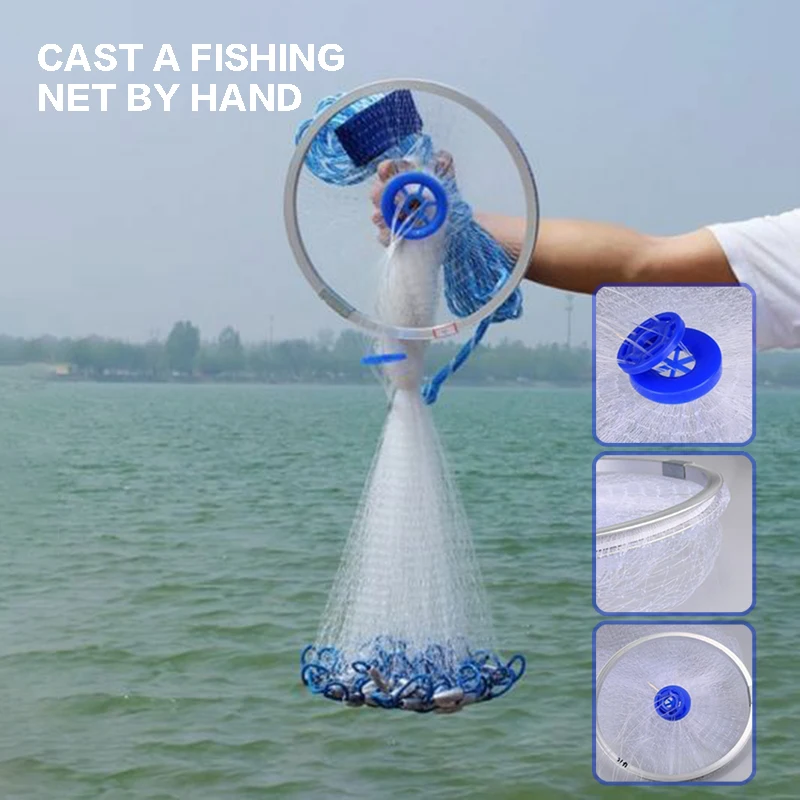 

2.4m Throwing Fishing Cast Net Nylon Monofilament Spin Bait Sinker Mesh American Hand Throwing Fishing Net 1*1cm Single Grid