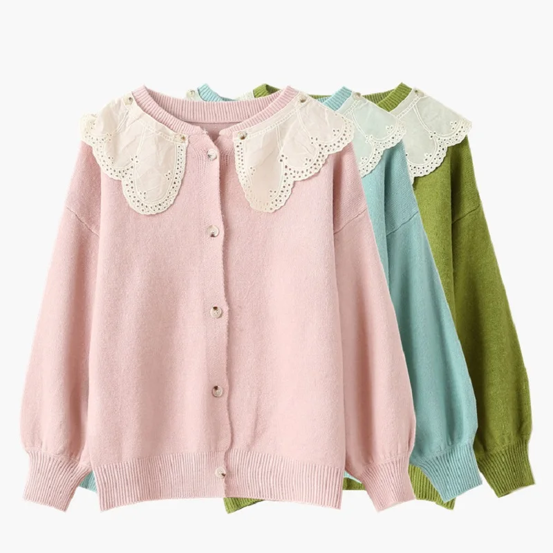 Lazy knit Lace Sweater Cardigan women 2020 Autumn Sweet Loose Student Jacket cardigans Vintage O-Neck Cardigans |