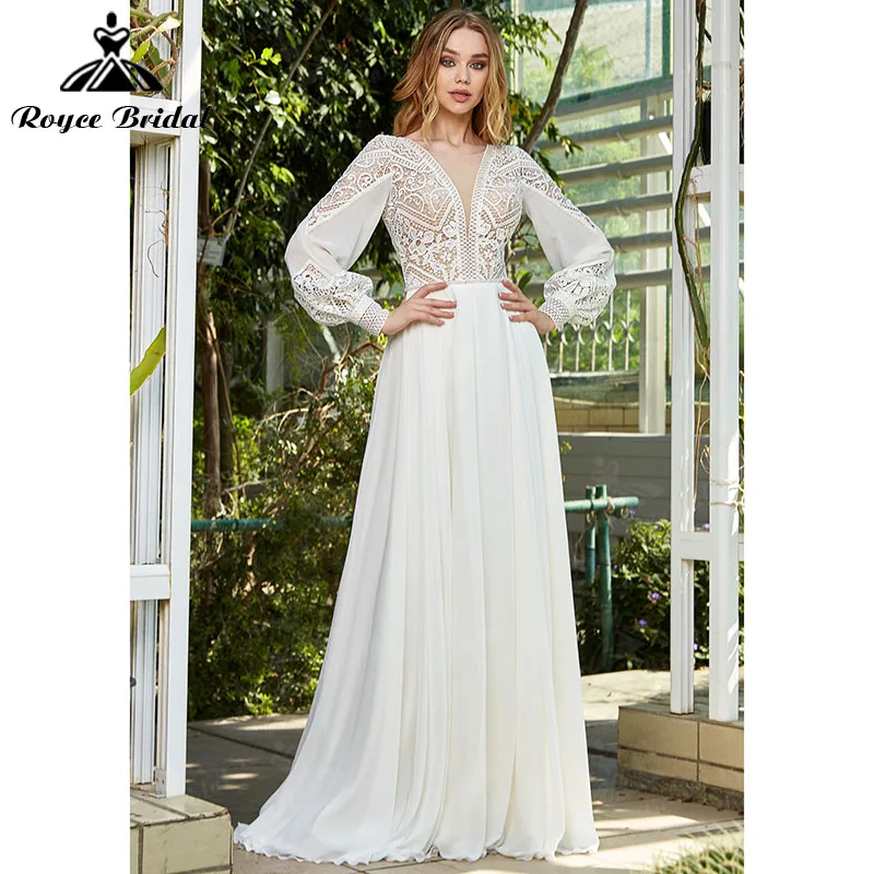 lace wedding dress Bohemian Boho Wedding Dresses 2022 Deep V-neck Beach Lace Chiffon Backless A-line Puff Sleeve Beach Bridal Gown vestido de novia long sleeve bridal gowns