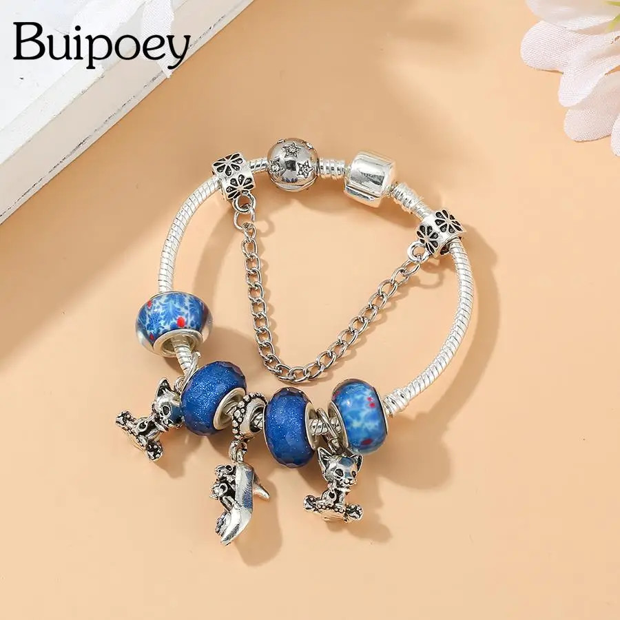 

Buipoey Cartoon Mouse & High Heels Pendant Animal Charm Bracelets For Women Blue Crystal Star Bead Bracelet Xmas Kids Gifts