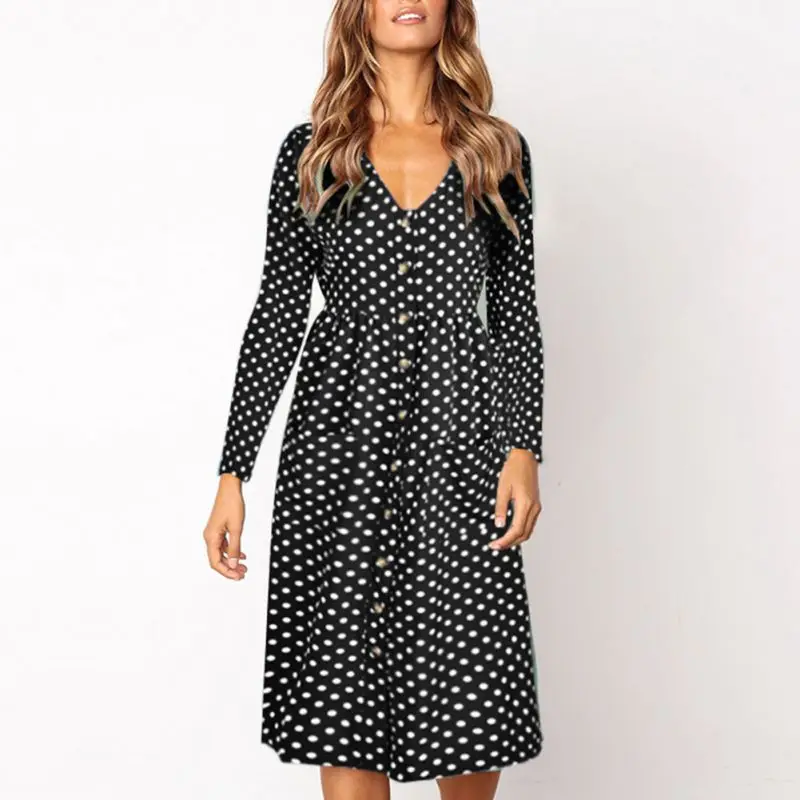 Женское платье с V-образным вырезом длинным рукавом и принтом в горошек винтажное